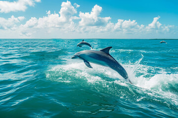 Playful dolphins jump by a boat on a clear sunny day, showcasing wildlife and eco-tourism