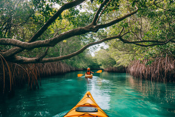 Person paddling a kayak through serene waters surrounded by lush mangroves