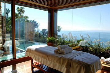 Tranquil spa setting with a massage table overlooking a serene ocean