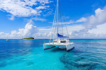 A white sailing yacht anchored in crystal-clear blue waters near a small island
