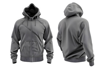 Front and back view of an urban grey asymmetric zip hoodie template. Modern and versatile, with a diagonal zipper for a contemporary edge, mockups for design and print, isolated on a white or transpar