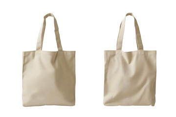 Front and back view of a bisque basic canvas tote bag template. Durable fabric with handles, mockups for design and print, isolated on a white or transparent background.