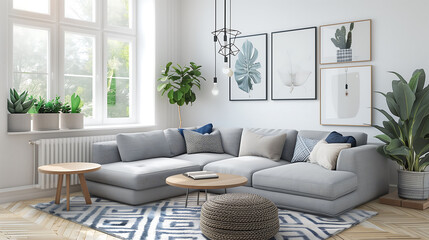 Modern living room interior with minimalist Scandinavian style sofa