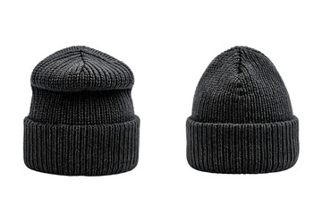 Front and back view of a charcoal basic beanie template. Ribbed knit with a fold-over cuff, mockups for design and print, isolated on a white or transparent background. 