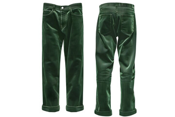 Front and back view of a forest green corduroy pants template. Straight leg with classic five-pocket design, mockups for design and print, isolated on a white or transparent background.