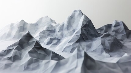 Folded paper sculpture imitating a mountain range, with peaks and valleys in shades of gray and white.