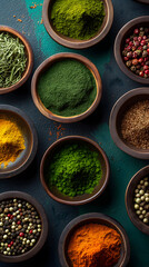 Assorted Spices in Bowls on Dark Textured Background