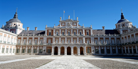 Royal Palace of Aranjuez with a spacious stone courtyard and a prominent clock tower in the distance