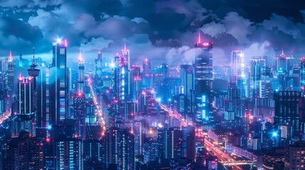 Futuristic city skyline at night with glowing neon lights, depicting innovation and urbanization.