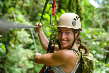 Smiling woman enjoying a thrilling zipline adventure among lush green foliage