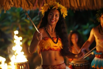 Smiling female hula dancer performs at a night luau with fire torches in the background - obrazy, fototapety, plakaty