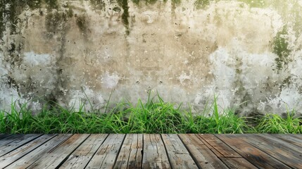 Old wall and green grass on wood floor background - generative ai