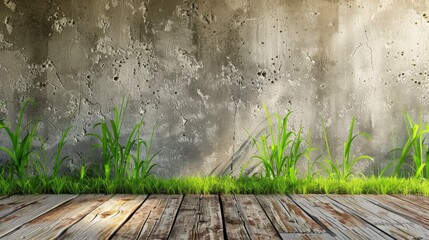 Old wall and green grass on wood floor background - generative ai - obrazy, fototapety, plakaty