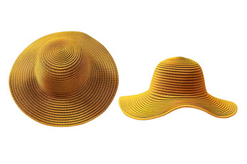 Front and back view of a sunflower yellow summer hat template. Wide brim for sun protection, mockups for design and print, isolated on a white or transparent background. 