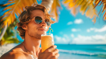 Young man with curly hair in sunglasses drinks a drink from a glass straw on a hot day on the beach under a palm tree overlooking the sea, portrait, tropical paradise, banner with copy space