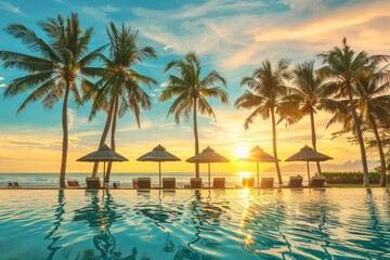 Sunny tropical beach resort swimming pool with palm trees and chairs under umbrellas at sunset banner for vacation or travel concept Generative AI