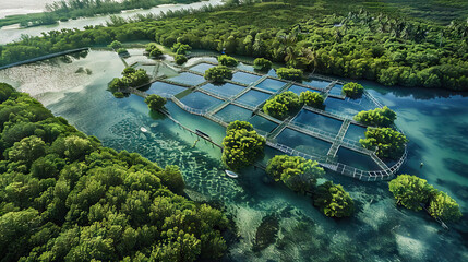 an aerial view of a large fish farm integrated within a mangrove ecosystem.