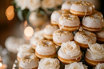 Obraz na płótnie Canvas close up wedding donuts with ivory frosting and gold sprinkles stacked as a pyramid with white roses at a wedding reception