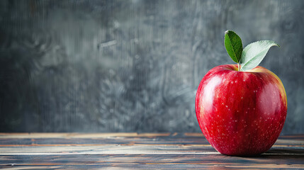 Apple on wooden table with copy space on chalkboard background for National Teacher Appreciation Day.	