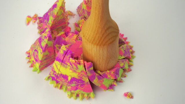 Very Satisfying and Relaxing Kinetic Sand ASMR video. Cutting anti stress macro close up colorful Kinetic Sand with a Knife. ASMR sounds.