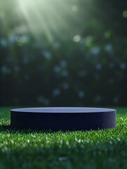 Navy Blue round Platform for Product Presentation on a green Pitch. Blurred Sports Background - obrazy, fototapety, plakaty