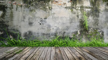 Old wall and green grass on wood floor background - generative ai