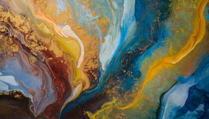Abstract acrylic pouring painting, bright color paint texture, fluid art texture, blue and yellow