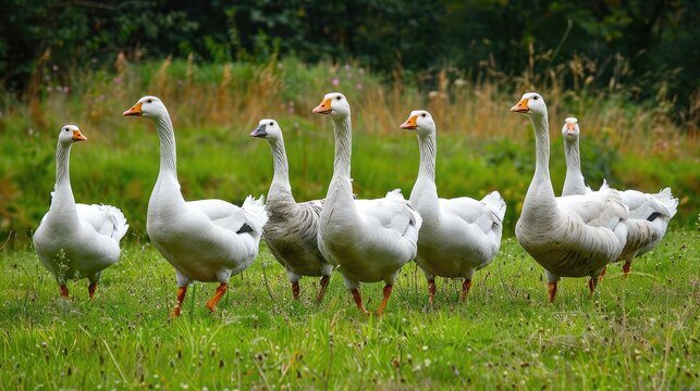 Flock of white domestic geese on the pasture. Big white goose in meadow. Domestic geese on the green lawn