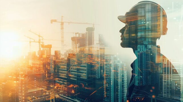 Future building construction engineering project concept with double exposure graphic design. Building engineer, architect people or construction worker working with modern civil equipment