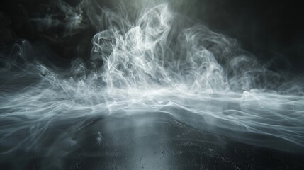 Luminous, ghostly smoke tendrils weaving through darkness, highlighted by discrete ground lighting - obrazy, fototapety, plakaty