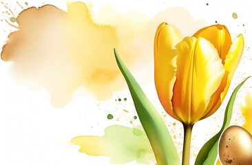 One yellow tulip and golden Easter egg on a light watercolor background with copy space