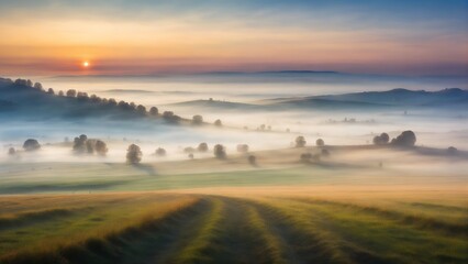 Naklejka na ściany i meble Sunrise fog over the fields, morning countryside landscape photo