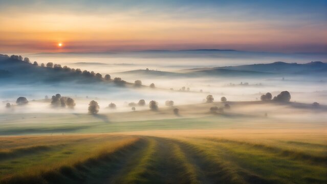 Sunrise fog over the fields, morning countryside landscape photo