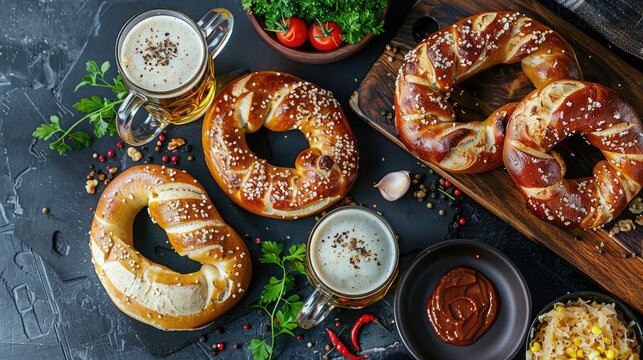 Soft pretzel and bavarian white sausage weisswurst made from minced veal and pork back bacon, mug with beer, crauti or sauerkraut, mustard. German octoberfest lunch