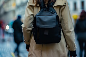 a woman with a backpack walking down a street - obrazy, fototapety, plakaty