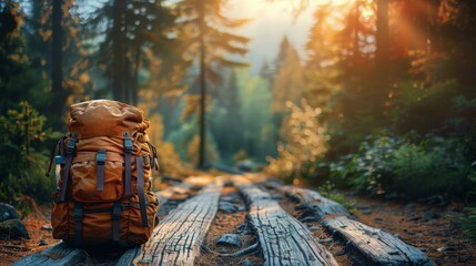 Backpack Resting on Log in Forest - obrazy, fototapety, plakaty