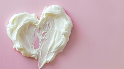 Luxurious white skincare cream in a heart shape on a pastel pink background