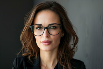 Obraz premium Confident businesswoman with glasses and wavy hair.