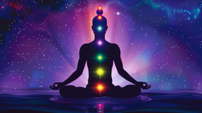 Meditating Person with Chakras Aligned in Ethereal Setting