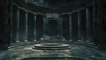 A dark circular room with columns and an empty stage, reminiscent of ancient Greek architecture, creates a fantasy-like atmosphere. The classic design features a background podium column.