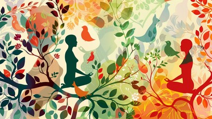 Human and Nature Connection in Symbolic Yoga Illustration
