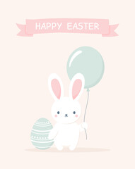 Cute Easter bunny with Easter egg and balloon. Easter greeting card. Flat vector illustration