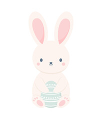 Сute Easter bunny sitting and holding an Easter egg in his paws, isolated on a white background. Flat vector illustration