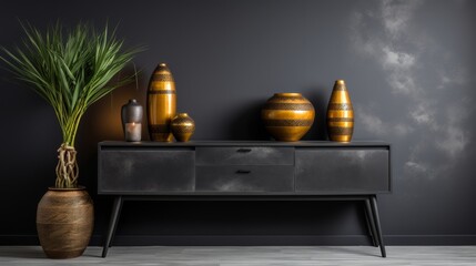 Elegant Display Stylish Console Table with Decorative Items Against a Background