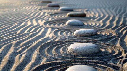 Fototapeta na wymiar Minimalist zen garden with smooth stones and raked sand patterns