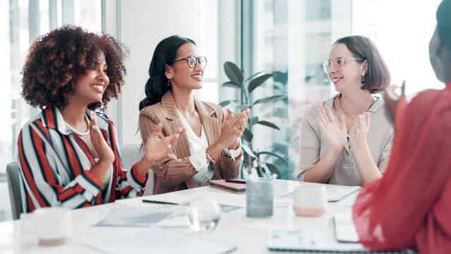 Business woman, handshake and applause with team for hiring, partnership or agreement at office. Group of young employees shaking hands and clapping for deal, interview or recruiting at workplace