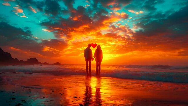 Silhouette of two young man and women walking on the beach at sunset