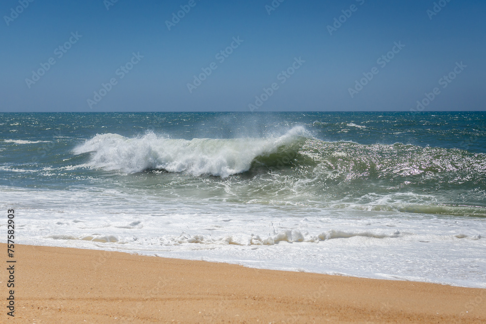 Poster Waves seen from North Beach famous for giant waves in Nazare town on so called Silver Coast, Oeste region of Portugal