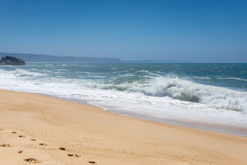 North Beach famous for giant waves in Nazare town on so called Silver Coast, Oeste region of Portugal