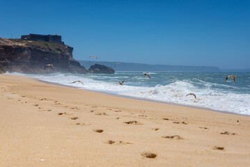 North Beach famous for giant waves in Nazare town on so called Silver Coast, Oeste region of Portugal, view with fort of Saint Michael the Archangel